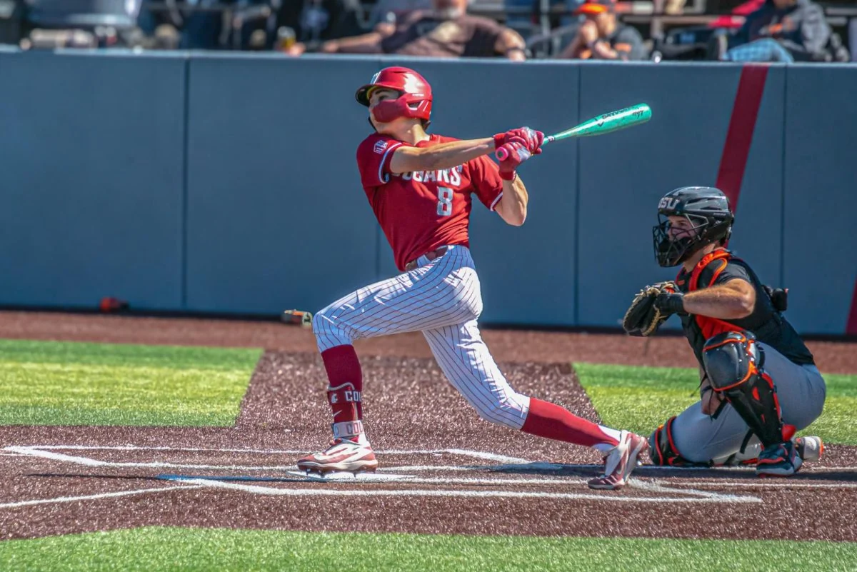 A hitter finishing his swing
